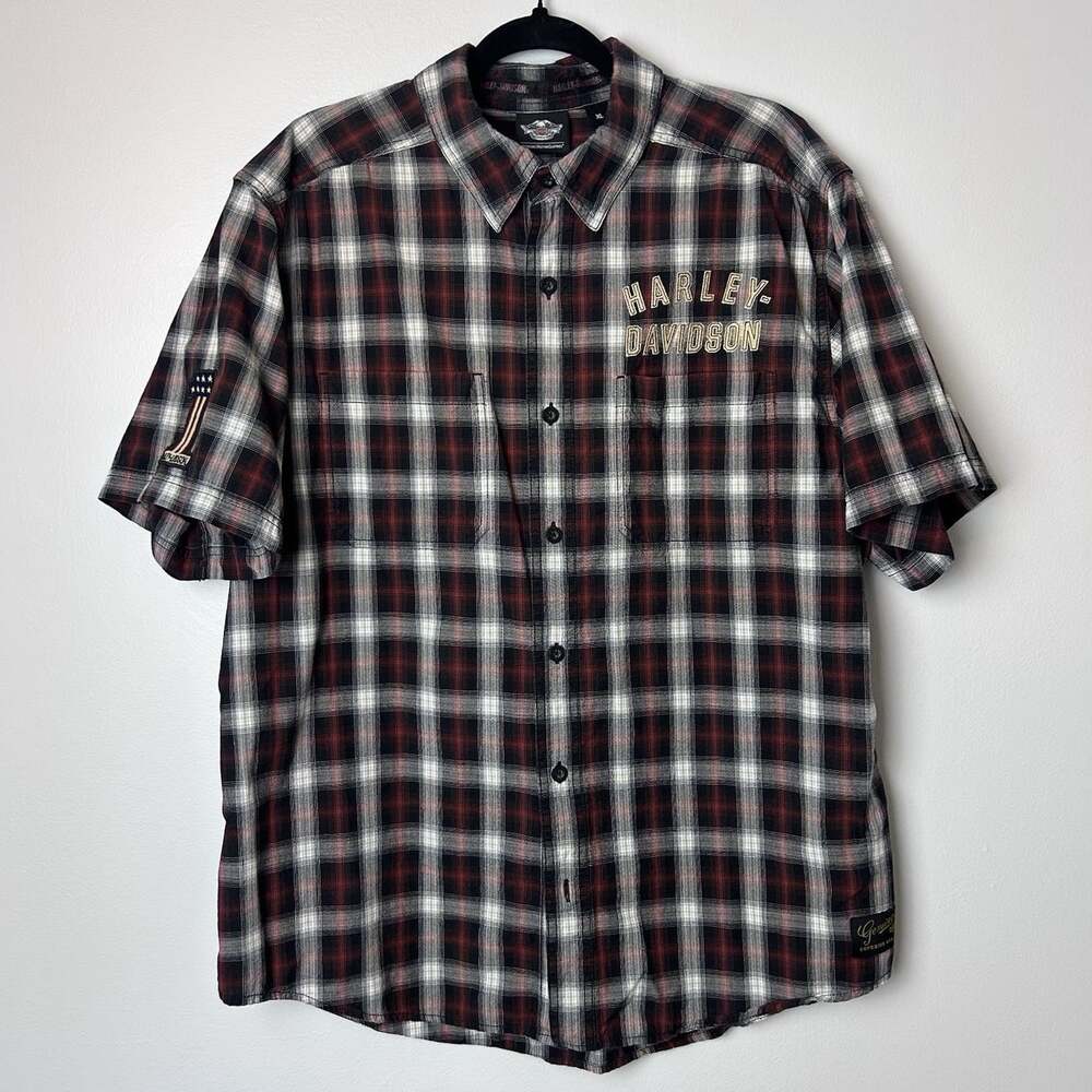 Harley Davidson Motorcycle Shirt Mens XL Red Black Plaid No 1 Patch Embroidered